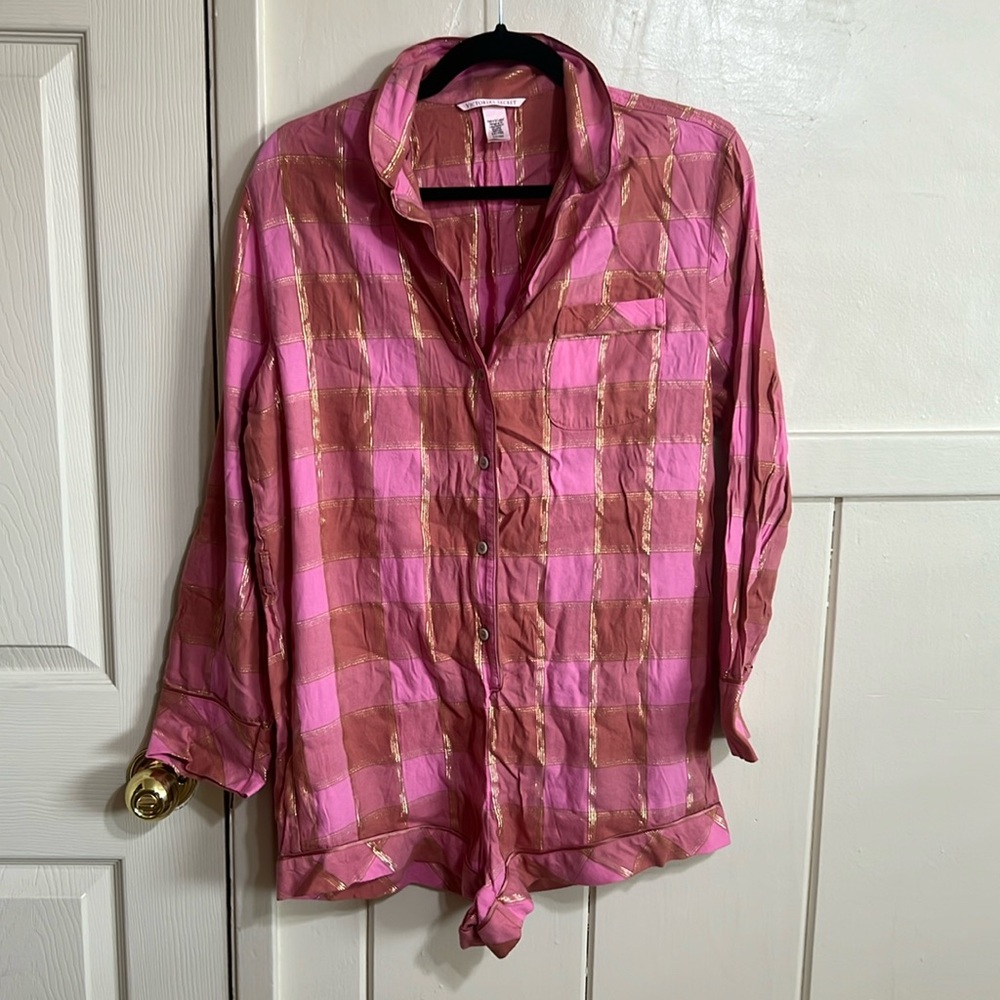 Victoria's Secret Women’s Long Sleeve Button-Up Pajama Romper S Pink Plaid B19